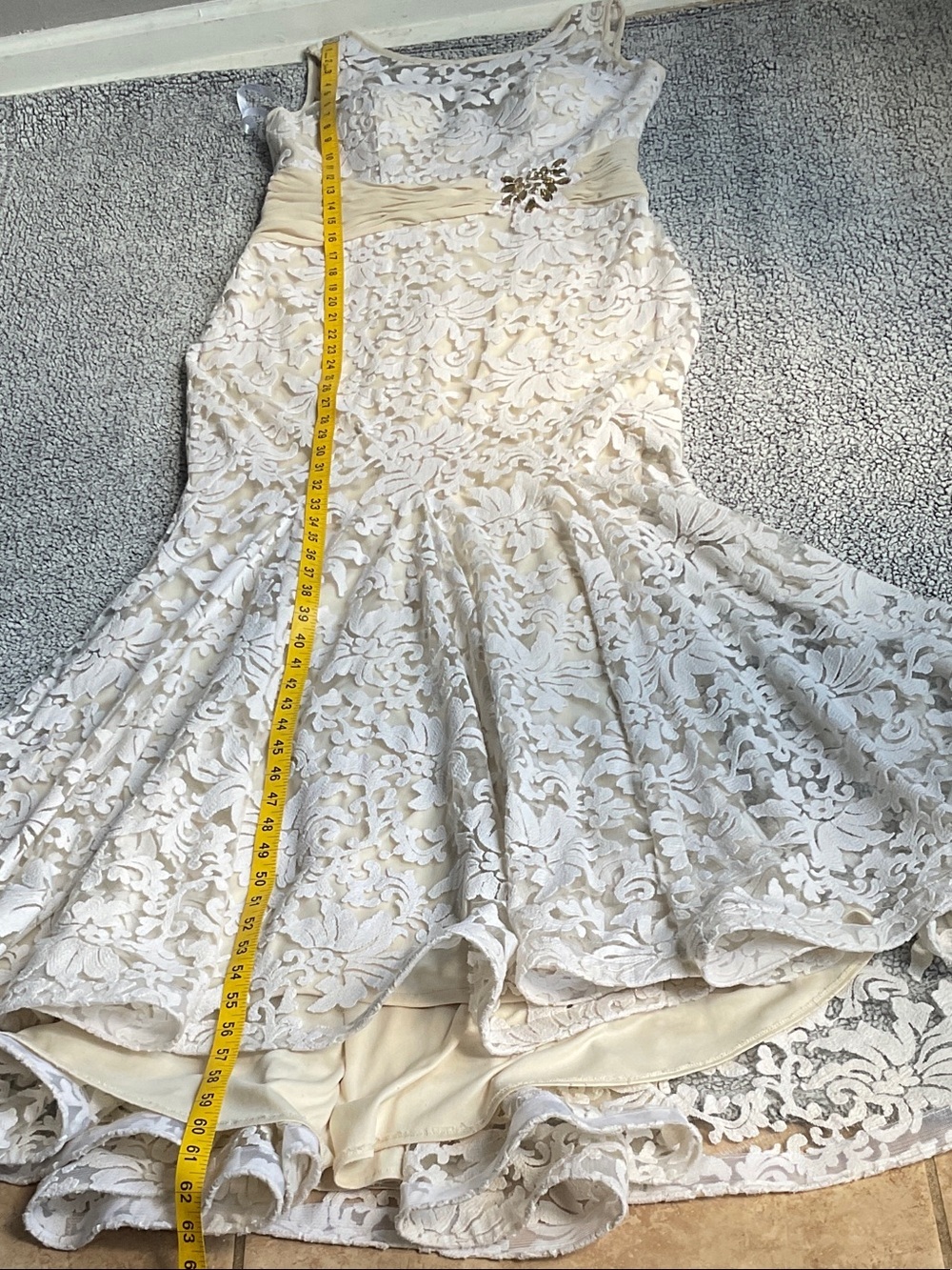 Montage by Mon Cheri Ivory Lace Maxi Dress with Champagne Sash - Picture 13 of 16